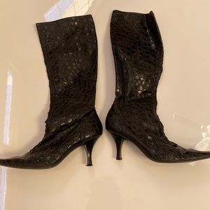 Mid-calf, faux-alligator, heeled boots